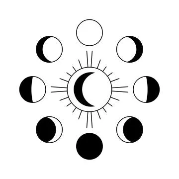 Black and white celestial moon phases isolated on white background. Moon chil Stock Illustration
