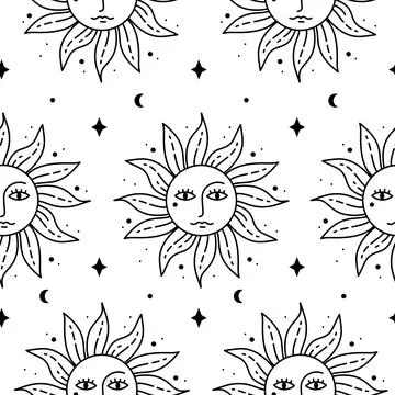 Black and white celestial seamless pattern with sun Stock Illustration