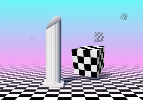 Black and white checked cubes flying over checkered floor with column, pink and 스톡 일러스트