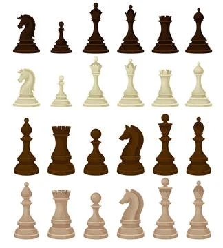 Black and White Chess Piece or Chessman with King and Knight Big Vector Set Stock Illustration
