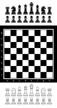 Black and white chess set with chess board Stock Illustration