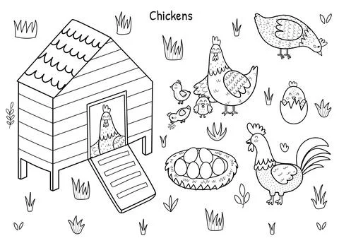 Black and white chicken set with a cute hen, rooster, chicks and eggs Stock Illustration