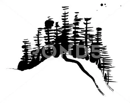 A black and white Chinese style ink painting, abstract trees made up by brush Stock Illustration