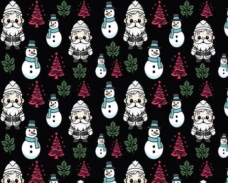 Black and White Christmas Pattern with Pink Trees Stock Illustration