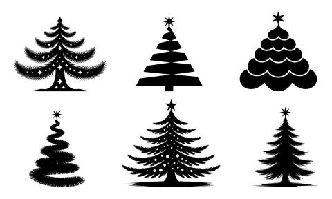 Black and white christmas tree silhouettes with various shapes Stock Illustration