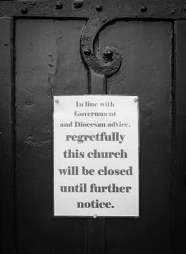 Black and white church door closed coronavirus covid pandemic Stock Photos