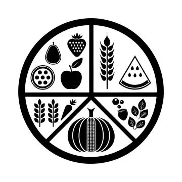 Black and white circle divided into segments with various food healthy eati.. Illustrazione stock