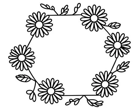 Black and white circular daisy wreath drawn with simple crisp clean lines Stockillustratie