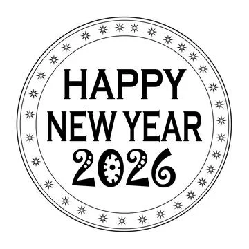 A black and white circular design featuring the text 'Happy New Year 2026' .. Illustrazione stock