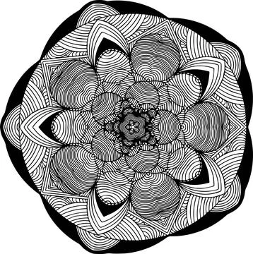 Black and white circular mandala pattern, with concentric circles and radiating Stock Illustration