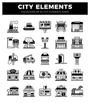 Black and white city element icons presented in a grid on a white background. Stock Illustration