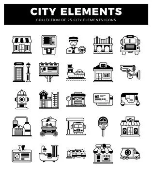 Black and white city element icons set against a white background. Stockillustratie