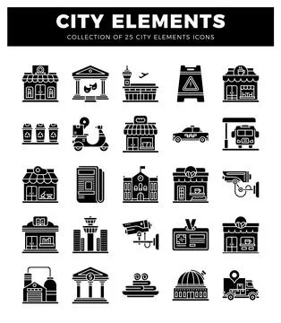 Black and white city element icons for commercial use. Illustrazione stock