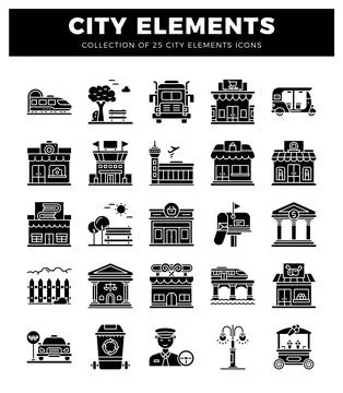 Black and white city element icons collection for urban planning and design. Ilustración de archivo