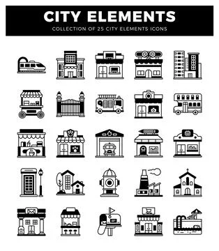 Black and white city element icons on a white background. 스톡 일러스트