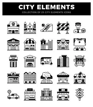 Black and white city element icons in rows. Stock Illustration
