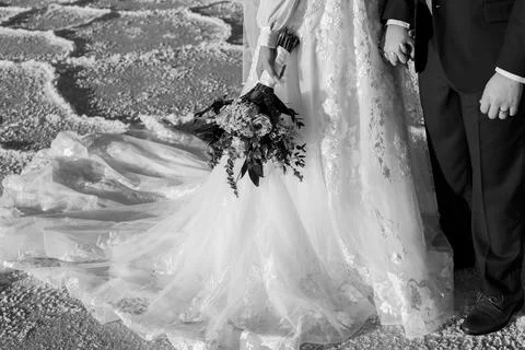 Black and white classy bride and groom detail shot holding hands Stock Photos