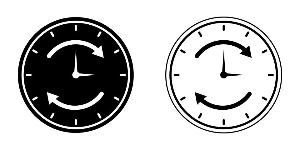 Black and white clock with circular arrows indicating time flow Stock Illustration
