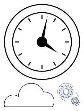Black and White Clock with Cloud and Gears Elements of Time and Technology Stock Illustration