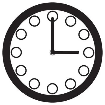 A Black and White Clock Icon of a Circular Face with Twelve Hour Markers Stock Illustration