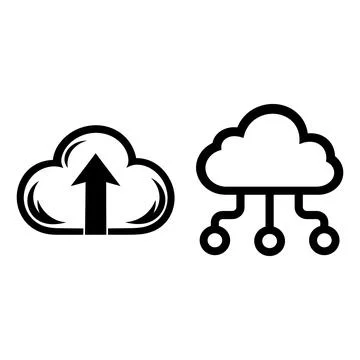 Black and white cloud computing icons with upload and network Stockillustratie