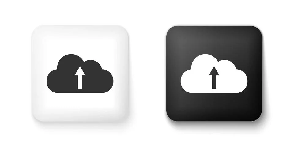Black and white Cloud upload icon isolated on white background. Square button Illustrazione stock