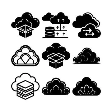 Black and white cloud with various technology symbols inside msea set Illustrazione stock