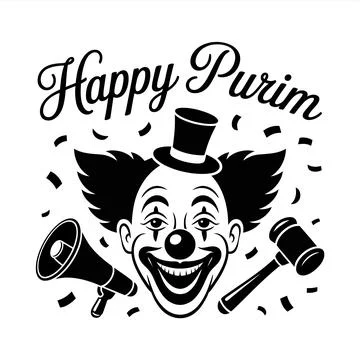 Black and white of a clown face with hat, megaphone, and gavel for purim Stock Illustration