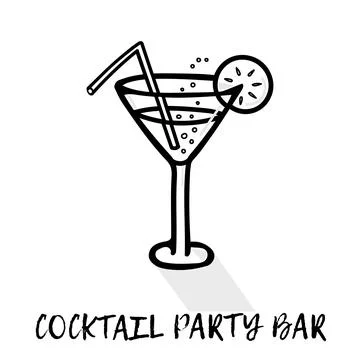 Black and white cocktail with lemon wedge and shadow, bubbles and a straw. Icon Stock Illustration