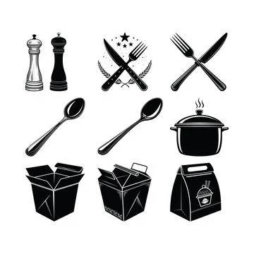 Black and white collection of kitchen and food service kitchenware cutlery .. Stock Illustration