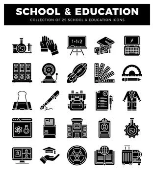 Black and white collection of school and education icons on white background. Stock Illustration