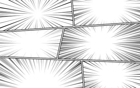 Black and white comic background with various pop art shapes. Rays, radial,.. Illustrazione stock