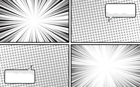 Black and white comic background with various pop art shapes. Rays, radial,.. Stock Illustration