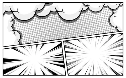 Black and white comic background with various pop art shapes. Rays, radial,.. Illustrazione stock