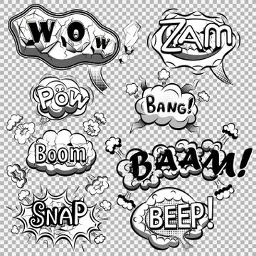 Black and white comic speech bubbles on transparent background vector Stock Illustration