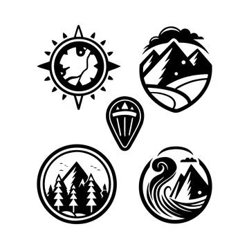 Black and white of compass mountains trees and waves for adventure and trav.. Stock Illustration