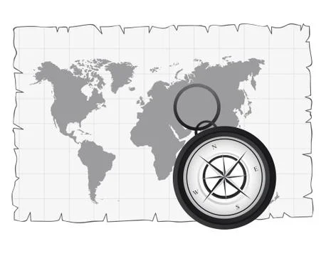 Black and white compass over old map. vector illustration 스톡 일러스트