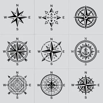 Black and white compass rose vector set with nautical navigation symbols, c.. 스톡 일러스트