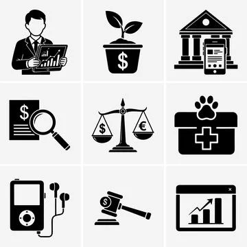 The black and white composition includes icons depicting financial growth, le Stock Illustration
