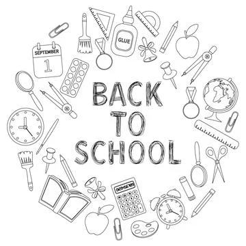 Black and white composition of stationery back to school. Stock Illustration