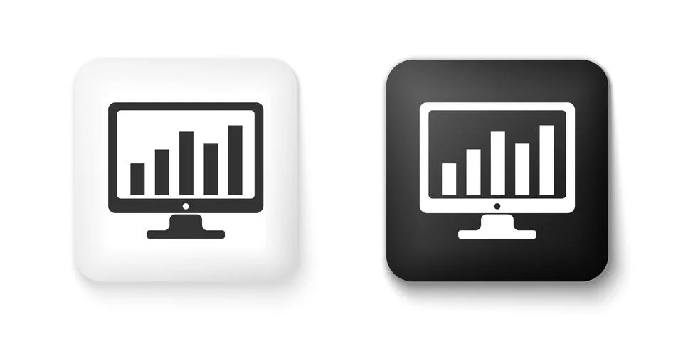 Black and white Computer screen with financial charts and graphs icon isolated Illustrazione stock