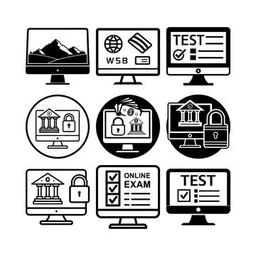 Black and white computer screens with security and exam msea set security e.. Stock Illustration
