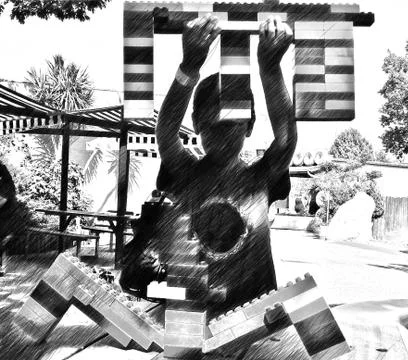 Black and white computerized drawing representing the silhouettes of a little Stockfoto's