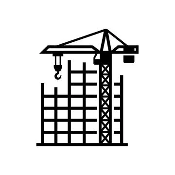 Black and white construction site with crane and building frame. Stock Illustration