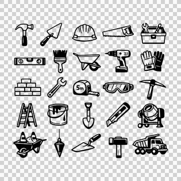 Black and White Construction Tools Icon Set Design Stock Illustration