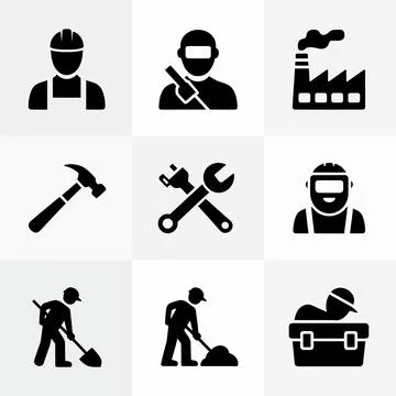 Black and white of construction workers, welders, and industrial laborers h.. Stock Illustration