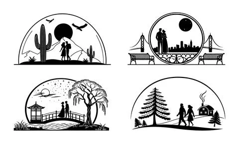 Black and white couples in different landscapes desert city park winter Ilustração Stock