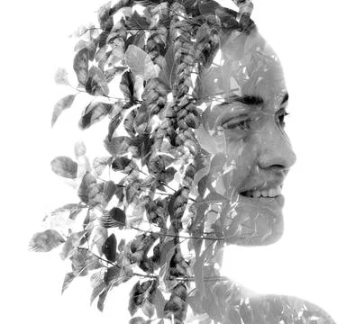 A black and white creative double exposure portrait of a smiling woman Stock Illustration