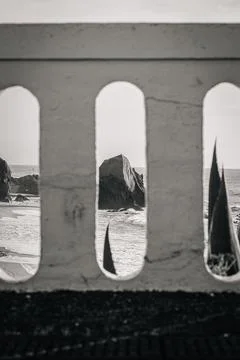 Black And White Creative Frame View Of Penedo Do Guincho Sea Stack - Santa Cruz Stock Photos