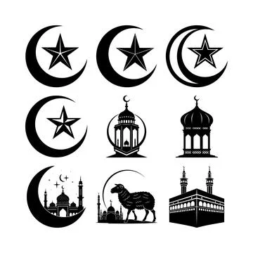 Black and white crescent moon and five-pointed star symbols with islamic ar.. Stock Illustration